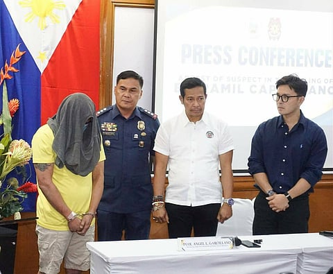 Bulacan Governor Daniel Fernando; Colonel Angel Garcillano, director of the Bulacan Police Provincial Office; and Vice Governor Alex Castro (right) present one of the suspects in the killing of ABC President Ramil Capistrano during a press conference on Wednesday.

Bulacan Police photo
