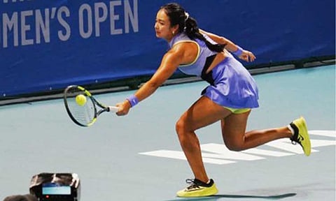 PINOY PRIDE. Alexandra Eala in action during the Philippine Women's Open last week. She advanced to the second round of the WTA 500 Abu Dhabi Open after pulling off a 6-4, 6-3 victory over Turkish wildcard Zeynep Sonmez on Tuesday (Feb. 3, 2026) morning at the Zayed Sports City International Tennis Centre in the United Arab Emirates.  (PHILTA/Philippine Women's Open)