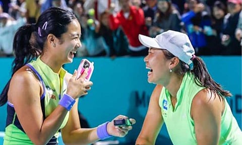 ON TO THE QUARTERFINALS. Filipino Alexandra Eala (left) and Indonesian Janice Tjen celebrate their round of 16 win at the Abu Dhabi Open on Tuesday (Feb. 3, 2026). They ​beat Leylah Fernandez of Canada and Kristina Mladenovic of France​, 7-5, 3-6, 10-6, at Zayed Sports City International Tennis Centre in the United Arab Emirates. (Event photo via Facebook)