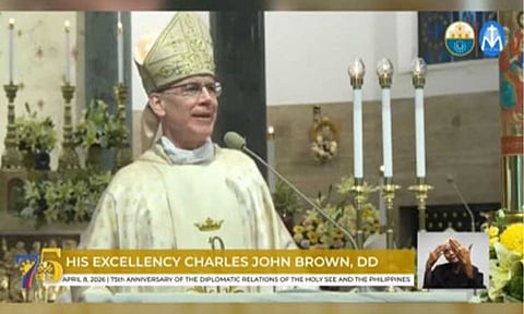 DIPLOMATIC TIES. Papal Nuncio to the Philippines Archbishop Brown deliver his homily at the Manila Cathedral on Wednesday (April 8, 2026) for the celebration of the 75th diplomatic ties between the Philippines and the Holy See. He said the relationship between the Philippines and the Vatican has been “marked by deep friendship, sincere closeness and effective collaboration.” (Screenshot of the mass from the Facebook page of TV Maria)