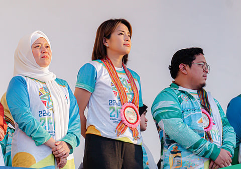 ZAMBOANGA. Isabela City Mayor Sitti Djalia Turabin-Hataman (left) is flank by former national volleyball player Gretchen Ho (center) and Basilan Board Member Ahmed Djaliv Amin Hataman (right) during the closing ceremony Saturday, April 11, of the 22nd Zamboanga Peninsula Regional Athletic Association (ZPRAA) Meet. 