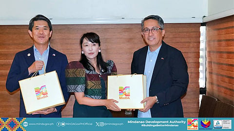 MINDA-JAPAN TIES. Japanese Ambassador to the Philippines Endo Kazuya (left) and his wife, Akiko Endo (center), receive tokens from Mindanao Development Authority (MinDA) Chairperson Secretary Leo Tereso A. Magno (right) following a meeting on April 17, where both sides discussed expanding cooperation in infrastructure, transport, and clean energy development in Mindanao.