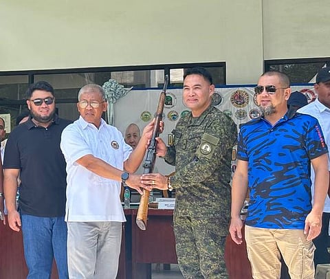 ZAMBOANGA. Pata Vice Mayor Anton Burahan (2nd from left) leads the ceremonial turnover of firearms and was formally received by Brigadier General Alaric Avelino Delos Santos, commander of the 1102nd Infantry Brigade (2nd from right), during the formal declaration of the town as a Rido-Free, Gun-Free, and Peace-Centered Community on Monday, April 20. 