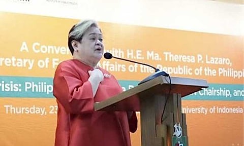 ASEAN FOCUS. Foreign Affairs Secretary Ma. Theresa Lazaro delivers her remarks during a forum organized by the Foreign Policy Community of Indonesia and Atma Jaya University in Indonesia on Thursday (April 23, 2026). She discussed ASEAN's priorities under the Philippine chairship and the enduring strength of the Philippines-Indonesia partnership. (Photo courtesy of Sec. Lazaro/X)