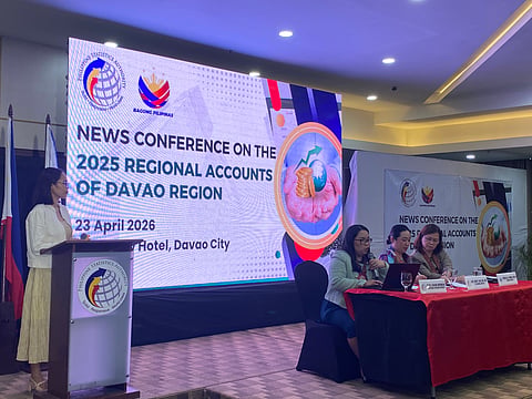 ECONOMIC BRIEFING. Officials of the Philippine Statistics Authority (PSA) Davao Region present the 2025 Regional Accounts of the Davao Region during a news conference on April 23, 2026, at Apo View Hotel in Davao City, where data showed the region’s economy reached ₱1.14 trillion despite disasters and governance challenges.