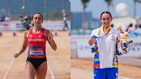 Filipina sprinter Lauren Hoffman powers down the track in the women’s race before securing a bronze medal for the Philippines at the Asian Athletics Championships in Xiamen, China. Hoffman later poses with her medal and event mascot after delivering a podium finish for Team Philippines.