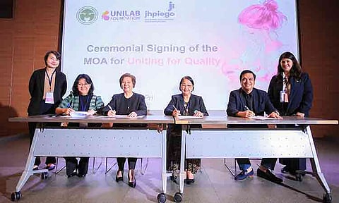Representatives of Jhpiego, the Philippine Obstetrical and Gynecological Society and Unilab Foundation pose after signing a memorandum of agreement during the NurturePH forum.