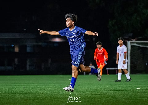 PANABO PRIDE ON THE MOVE. Marc Hayahay (#99) of Adamson University drives the attack during the Baby Falcons’ UAAP Season 88 clash against Claret School of Quezon City, continuing the Panabo football standout’s rise from grassroots talent to national team prospect.