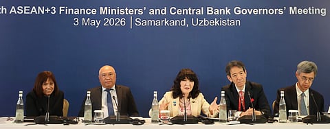 ASEAN+3 MEETING. Rosalia V. De Leon (left) co-chairs the 29th Asean+3 Finance Ministers’ and Central Bank Governors’ Meeting on May 3 in Samarkand. Also in the photo are (from left) Department of Finance Undersecretary Joven Z. Balbosa, Japan Finance Minister Satsuki Katayama, Japan Vice Finance Minister Atsushi Mimura and Ryozo Himino during the meeting held on the sidelines of the Asian Development Bank Annual Meeting.
