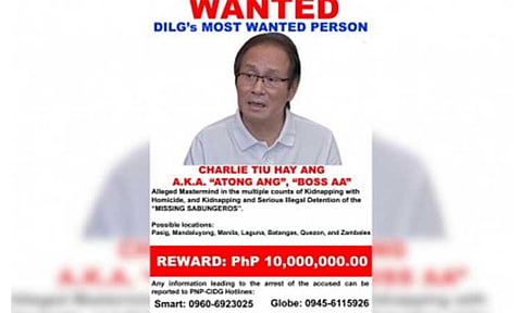 Wanted poster of Charlie "Atong" Ang, alleged mastermind in the disappearance, kidnapping and death of cockfight enthusiasts (DILG file photo)