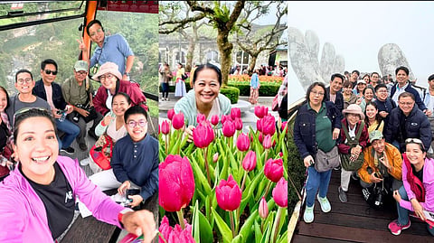 SCENES FROM BA NA HILLS. Winners of the 18th Bright Leaf Agriculture Journalism Awards explore Sun World Ba Na Hills in Da Nang, Vietnam, during their incentive trip in March 2026. Clockwise from left are journalists during the Ba Na Hills cable car ride, SunStar Davao editor Marianne L. Saberon-Abalayan posing among tulips at Le Jardin d’Amour, and the group at the fog-covered Golden Bridge, one of Vietnam’s most visited tourist attractions. 