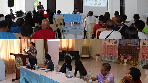 Police officers from the Iloilo Police Provincial Office (Ippo), led by Police Lieutenant Colonel Engilbert Banquillo and Police Lieutenant Colonel Sheila Marie Sardoma, conduct separate “Empowering Defense: Key Conversations on Security Enhancement” forums in Calinog (top) and Badiangan (bottom), Iloilo on May 22, 2026, to raise awareness on the alleged “Termite Gang” modus operandi and strengthen cooperation among law enforcement agencies, local government units, financial institutions, and business stakeholders. 

(Photo courtesy of Ippo)
