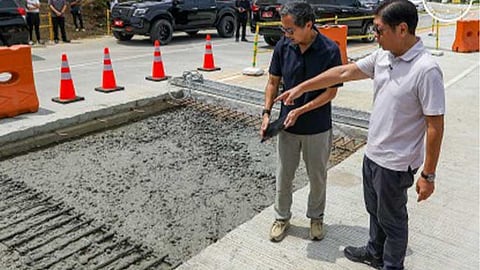 HIGH-STANDARD REHABILITATION. President Ferdinand R. Marcos Jr., along with Department of Public Works and Highways (DPWH) Secretary Vince Dizon, inspects the ongoing rehabilitation of the Maharlika Highway in Pinabacdao, Samar, on Friday (June 6, 2026). The project aims to improve road quality, enhance regional connectivity, and boost economic activity in Eastern Visayas. (Photo from PCO)