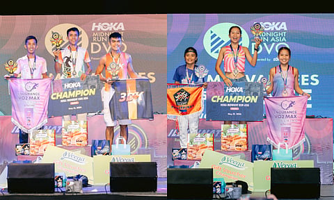 TOP FINISHERS. Corsino Jr. Satinitigan (center, left photo) and Yahsharah Dalgidig (center, right photo) lead the awardees in the men's and women's 21-kilometer divisions of the Hoka Midnight Run Asia 2026-Davao. Satinitigan won the men's race in 1:09:56, while Dalgidig retained her women's title in 1:33:57.