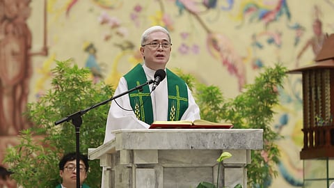 SCHOLARSHIPS FOR BATERBONIA SIBLINGS. Ateneo de Davao University president Rev. Fr. Karel San Juan, SJ, speaks during a Eucharistic Mass on Saturday, June 13, 2026, at which the university announced full scholarships for the six siblings of late MVP Rene Clert Batarbonia in Davao City. San Juan said the initiative fulfills the student-athlete’s dream for his family. 