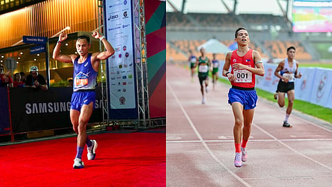 FINISH STRONG. Former Davao City standouts Arlan Arbois Jr. (left) and Sonny Wagdos (right) cross the finish line in their respective races during the Galaxy Manila Marathon 2026 at the Mall of Asia grounds in Pasay City. Arbois captured the men’s 42-kilometer title, while Wagdos topped the 21K division, both delivering winning performances under challenging race conditions.