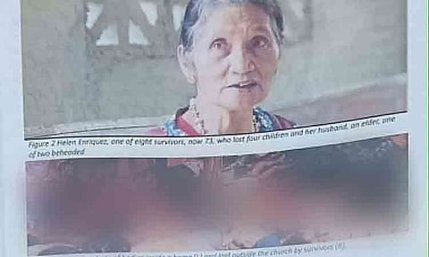 Helen Enriquez, now 73, is one of the eight survivors who lost her husband—an elder who was among those beheaded—and four of her children. (Figure 2) Composite image showing victims found inside a house (left) and bodies laid outside the church by survivors (right).