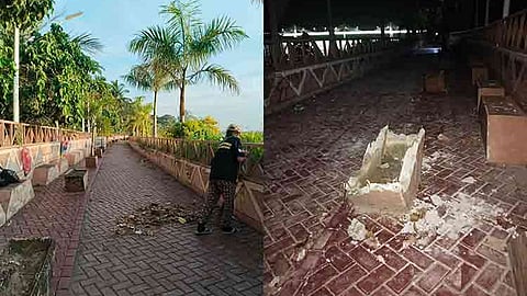 ESPLANADE VANDALIZED. A close-up of the wrecked concrete benches at the Bucana Esplanade, left structurally compromised after vandals stole their steel reinforcements. Local officials warn that such acts of destruction not only waste government funds but directly compromise the safety and usefulness of the newly built public facility.