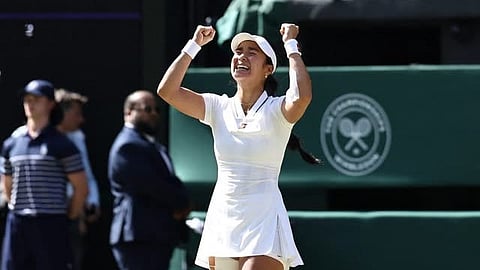 THE FACE OF EVERYTHING. Alexandra Eala celebrates after upsetting defending champion Iga Swiatek of Poland, 7-6 (9), 6-2, during their third-round match at Wimbledon in London on Saturday, July 4, 2026. The 21-year-old became the first Filipina to advance to the fourth round of a Grand Slam tournament.