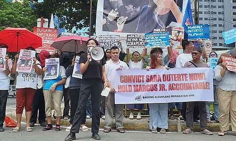 Some members of Bayan-Southern Mindanao, Koalisyong Makabayan Southern Mindanao, Kabataan Party-list Southern Mindanao, Gabriela Youth Davao, and allied groups hold a protest at Freedom Park in Davao City on July 6, 2026, as the Senate opens the impeachment trial of Vice President Sara Duterte.