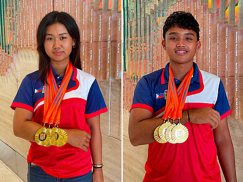 GOLDEN DUO. Quadruple gold medalists Abigail Jane Lim, left,  and Mateusz Vaughn Johnson display their medals after dominating the Singapore Youth Archery Championships held July 3-5, 2026, at Bukit Gombak Stadium in Singapore. The Dabawenyo archers swept all four of their events to help Team Philippines win a total of 13 golds, 10 silvers, and seven bronzes. 