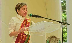 University of the Philippines Mindanao Chancellor Prof. Lyre Anni E. Murao delivers her address during the university's 28th Commencement Exercises at the University Atrium on July 7, 2026.