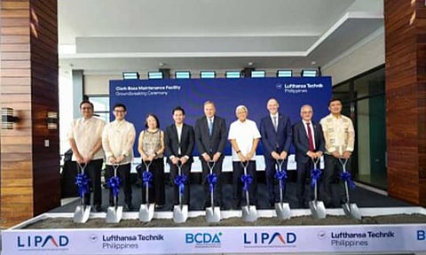 NEW MRO FACILITY. Luzon International Premiere Airport Development Chief Executive Officer Noel Manankil, MacroAsia President Eduardo Luy, LIPAD Chairperson Josephine Gotianun-Yap, MacroAsia Corp. Co-Chairman Lucio Tan III, Lufthansa Technik CEO Soeren Stark, Transportation Undersecretary Jim Sydiongco, LTP President Holger Beck, German Ambassador to the Philippines Andreas Michael Pfaffernoschke, and Bases Conversion and Development Authority president Joshua Bingcang lead the ground breaking rites for the construction of a new maintenance, repair and overhaul facility in Clark International Airport complex on Thursday (Aug. 6, 2026). The new facility is expected to generate over 1,000 jobs. (BCDA photo)