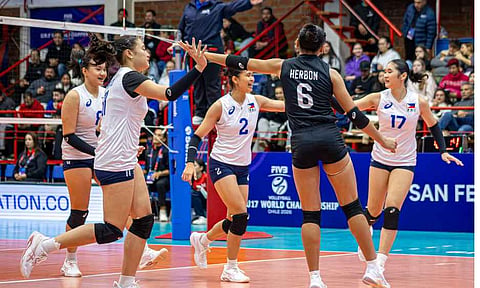 ALAS GIRLS IN SYNC. Alas Pilipinas players celebrate a point during their FIVB Volleyball Girls U17 World Championship match in San Felipe, Chile. The Philippines swept Tunisia, 27-25, 25-19, 25-16, on Saturday to claim its second straight win in the tournament.