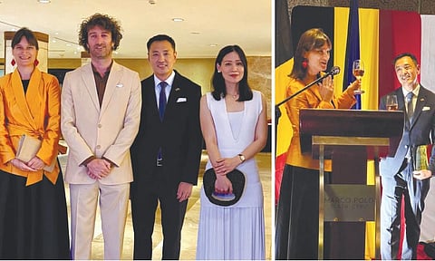 BELGIUM NATIONAL DAY CELEBRATION. Welcoming the guests during the cocktail reception are from left, Ambassador of Belgium to the Philippines Vladislava Iordanova, Mr. Jonas Decloedt, Honorary Belgian Consul in Cebu and Mrs. Enrison Benedicto. Right photo shows the Ambassador and the Honorary Consul offering a toast for the 80 years of diplomatic relations between Belgium and the Philippines.