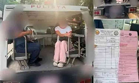 A screenshot from a social media post shows a vlogger sitting inside a Davao City Police Office (DCPO) transport vehicle following an apprehension in Barangay Ma-a, Davao City, Philippines, for violating a public vaping ordinance. The image, which circulated online alongside copies of the citation ticket, prompted an official police investigation into the responding officers' conduct during the enforcement action before the matter was reported as settled by the parties involved.