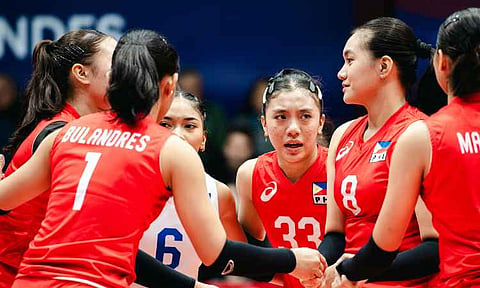 Alas Pilipinas players (from left) Jhaynna Bulandres, Xyz Rayco, Nadeth Herbon, Caera Celis, Khaira Manzano and Irish Mahinay pose during the FIVB Volleyball Girls U17 World Championship in Santiago, Chile.