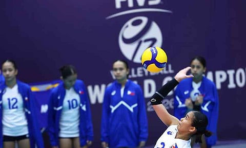 Alas Pilipinas players (from left) Jhaynna Bulandres, Xyz Rayco, Nadeth Herbon, Caera Celis, Khaira Manzano and Irish Mahinay pose during the FIVB Volleyball Girls U17 World Championship in Santiago, Chile. 