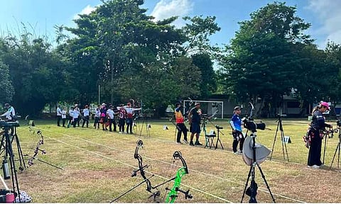 Archers take aim during the 2026 PSC-WAP Philippine Barebow Championship Leg 3 at the Tionko Football Field in Davao City on Aug. 17, 2026. The tournament is part of a three-leg national archery series being hosted in the city. 
