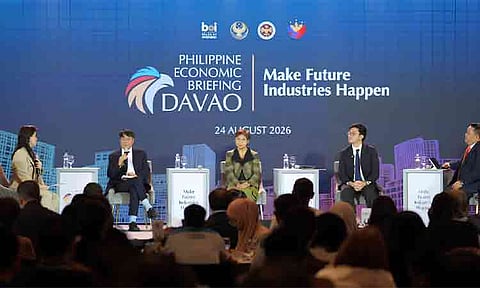 BUILDING MINDANAO’S FUTURE. Bangko Sentral ng Pilipinas Deputy Governor Zeno Ronald R. Abenoja (center) joins a panel discussion on the macroeconomic trends and outlook for future industries in Mindanao during the Philippine Economic Briefing on Aug. 24, 2026. Also shown are, from left, host and anchor Cathy Yang, Department of Economy, Planning and Development Undersecretary Rosemarie G. Edillon, Department of Budget and Management Secretary Kim Robert C. de Leon and Department of Finance Assistant Secretary Neil Adrian S. Cabiles. 