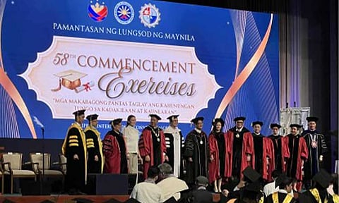 HONORARY DEGREE. President Ferdinand R. Marcos Jr. (center) receives the regalia or academic gown and medallion after being conferred the Honorary Degree of Doctor of Laws, Honoris Causa, by the Pamantasan ng Lungsod ng Maynila during its 58th Commencement Exercises at the Philippine International Convention Center in Pasay City on Thursday (Aug. 27, 2026). The honorary degree was conferred in recognition of the President’s efforts to advance the rule of law, economic development, access to education, public health services and social equity. (PNA photo by Darryl John Esguerra)