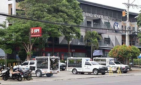 Police forces maintain a strict security presence outside the Ateneo de Davao University Senior High School campus in Bangkal, Davao City, on Sunday, Sept. 6, 2026. The campus served as one of the designated local testing centers for the 2026 Bar Examinations, prompting tight vigilance from local law enforcement to ensure the safety and orderliness of the licensure exams.