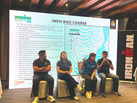 IRONMAN PRESS CONFERENCE. Full-distance IRONMAN Philippines Davao City and IRONMAN 70.3 Davao Race Director Julian Valencia answers a question during a press conference on Tuesday, Sept. 8, 2026, at the Arcadia Active Lifestyle and Fitness Center in Davao City. Also shown, from left, are Davao City Sports Development Division officer in charge Mikey Aportadera, Acting Assistant City Administrator for Administration Atty. Jonah Presto, and Sunrise Events Inc. President Princess Galura. The inaugural full-distance IRONMAN Philippines Davao City is set for June 13, 2027.
