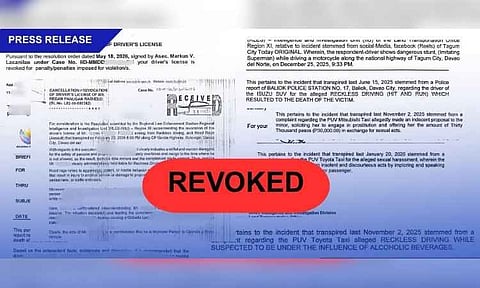 The Land Transportation Office (LTO) Central Office has ordered the revocation of the driver’s licenses of 13 motorists in Davao Region for various violations of traffic and land transportation laws, including road rage, driving under the influence of alcohol and reckless driving.