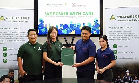 PARTNERSHIP. Alsons Power Supply Corporation (APSC) and Makoto Metal Technology Inc. (MMTI) formalize their retail electricity supply partnership in Cebu. Representing the companies are APSC RES Senior Manager Valia Mae E. Quinajon, second from the left, and RES Sales and Marketing Specialist Christopher Mark G. Capiral, with MMTI Admin and Support Manager Jon Romulo A. Montances, second from the right.