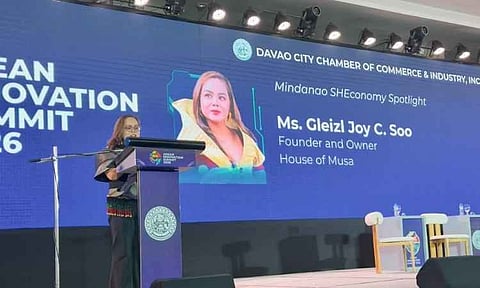 GOING GLOBAL. House of Musa founder and owner Gleizl Joy C. Soo speaks during the Mindanao SHEconomy Spotlight at the Asean Innovation Summit 2026 at the SMX Convention Center Davao. Soo shared how the Davao del Norte-based social enterprise turns banana pseudostems into textile products while creating opportunities for local weavers and artisans. 