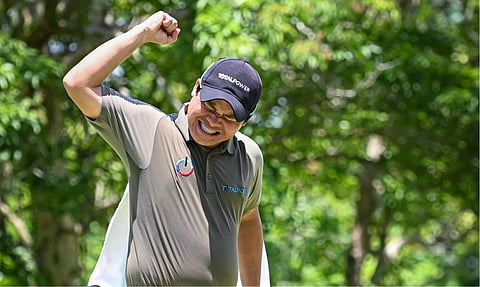BREAKTHROUGH MOMENT. Art Arbole celebrates after sinking the winning putt at the 18th hole of the ICTSI Negros Occidental Classic at the Negros Occidental Golf and Country Club on Thursday, Sept. 24, 2026. Arbole carded a 2-under 70 to finish at 10-under 270 and claim his first Philippine Golf Tour title after a 14-year wait. 
