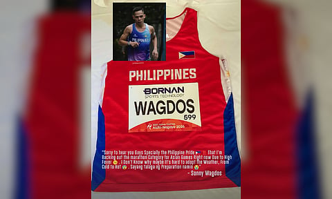 Philippine marathon record holder Sonny Wagdos’ Asian Games singlet is pictured after he withdrew from the men’s marathon due to a high fever. Wagdos said he is still expected to compete in the men’s 5,000 meters on Sept. 29, provided he fully recovers.
