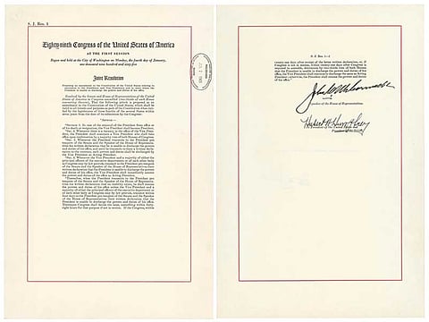 WASHINGTON. This image shows a copy of the 25th Amendment, which allows the vice president to take over if the commander in chief is "unable to discharge the powers and duties of his office." A senior administration official referenced the amendment on Wednesday, Sept. 5, 2018, in an unsigned opinion piece published in The New York Times which described President Donald Trump's "amorality" and "impetuous" leadership style. (National Archives via AP)