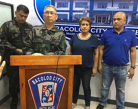BACOLOD. Chief Superintendent John Bulalacao (second from left), director of Police Regional Office-Western Visayas, presents Moises Padilla Vice Mayor Ella Garcia-Yulo and her husband, Felix Mathias Segundo Yulo III, to the members of the media Tuesday, September 11, with Senior Superintendent Francisco Ebreo, acting BCPO director.. (Glazyl Y. Masculino)