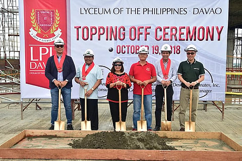 TOPPING OFF. From left, Franz Zeibert, Engineer Nemesio Jardeleza, Davao City Councilor Pilar Braga, Lyceum of the Philippines-Davao Vice President and Chief Academic Officer Dr. Felipe Balingit Jr., Architect Jim Abaloyan, and Micheal Espiritu during the topping off ceremony on Friday, October 19, at the Lyceum of the Philippines-Davao campus in KM.11 Diversion Road, Sasa, Davao City. (Macky Lim)
