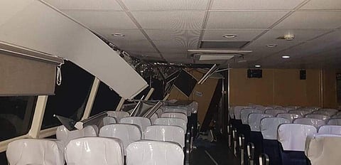 Damaged Interior. Four persons were reported injured when mv Fastcat M11 and cargo vessel mv Ocean United collided at Lauis Ledge off Talisay City last Thursday night. A photo of the interior of mv Fastcat M11 shows the exent of the damage.  (Contributed Foto)