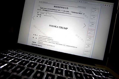 CHINA. A document from the website of China's Trademark Office of the State Administration for Industry and Commerce showing provisional approval of a trademark for Ivanka Trump Marks LLC is seen on a computer screen in Beijing, Tuesday, Nov. 6, 2018. (AP)