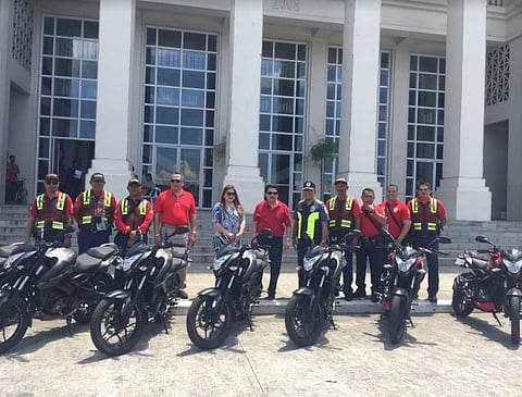 BACOLOD. Mayor Evelio Leonardia, assisted by Councilor Cindy Rojas and Executive Assistant Celestino Guara Jr., turns over seven brand new units of Kawasaki motorcycles, to Bacolod Traffic Authority Office head Supt. Luisito Acebuche at the Bacolod City Government Center grounds Monday, March 4. (Bacolod City PIO)