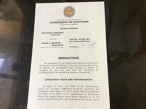 CAGAYAN DE ORO. Commission on Elections commissioner Luie Tito Guia confirmed that this document which circulated online, supposedly dismissing Mayor Oscar Moreno from the mayoralty race, is fake. (PJ Orias)