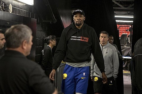 Golden State Warriors NBA basketball player Kevin Durant leaves the court after a closed practice session at Scotiabank Arena in Toronto, before Game 5 of the NBA Finals against the Toronto Raptors, Monday, June 10, 2019 (Tuesday, June 11, 2019 Philippine time).  (AP)